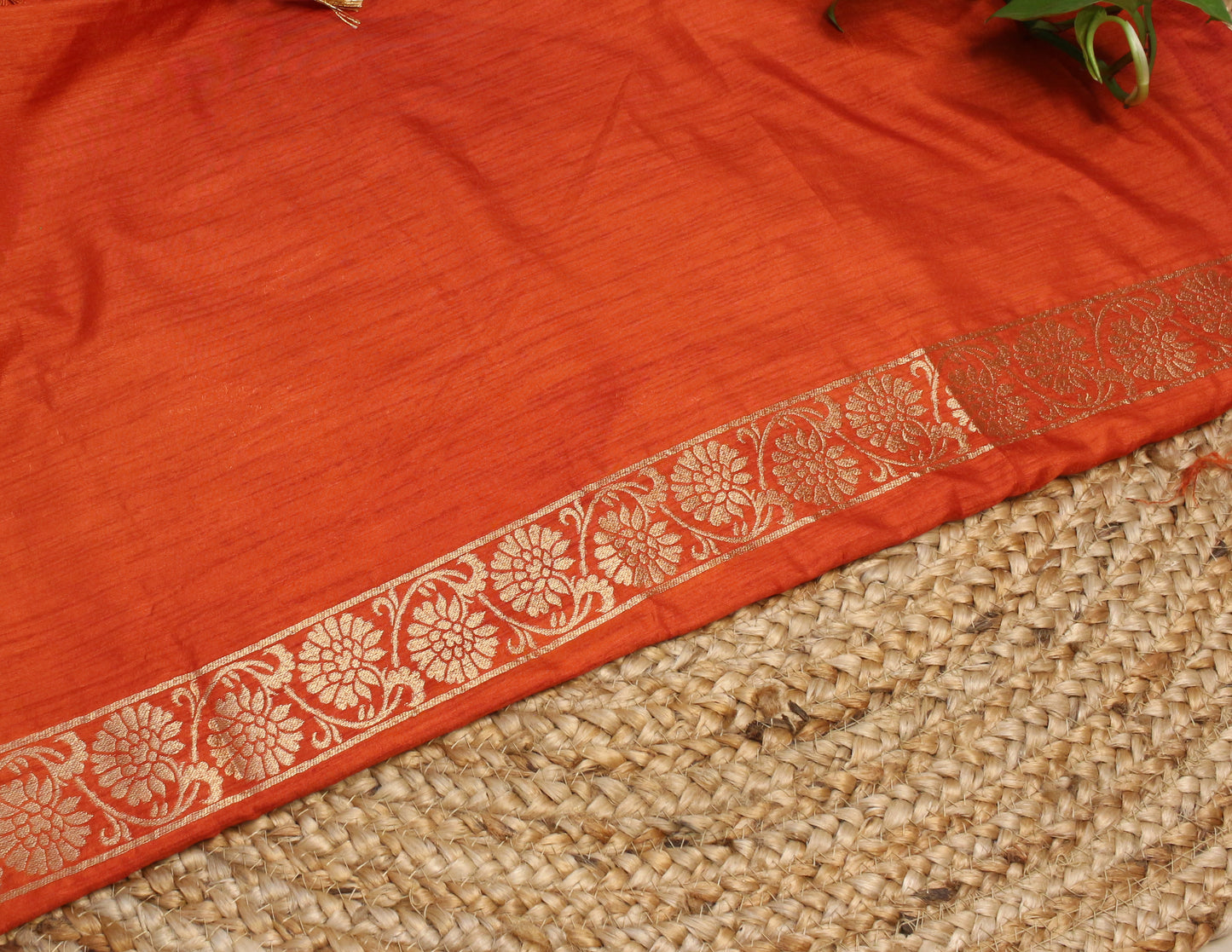 Radiant Rust Orange Banarasi  Saree with Gold Zari Lotus & Paisley Design.