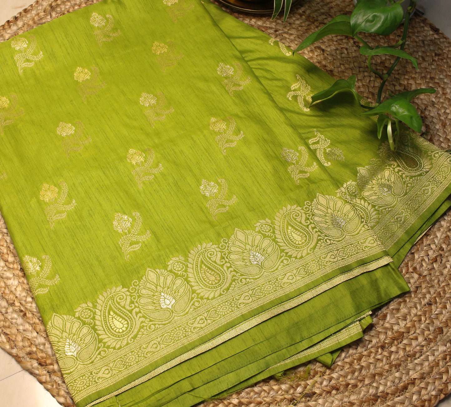 Parrot green  Banarasi Saree with Gold Zari Lotus & Paisley Design