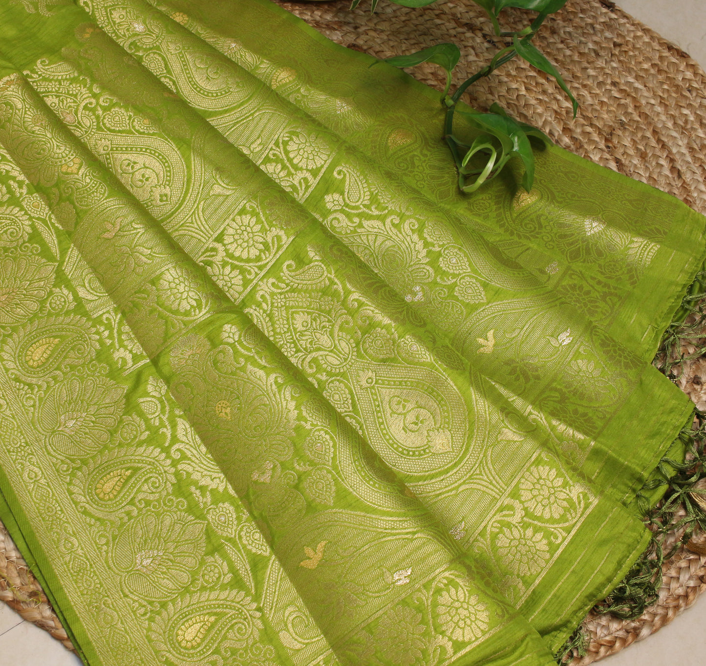 Parrot green  Banarasi Saree with Gold Zari Lotus & Paisley Design