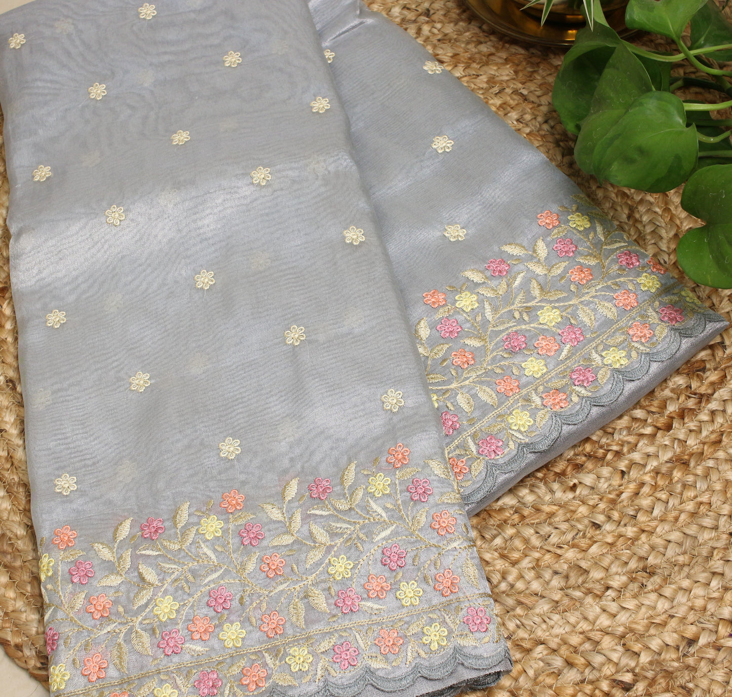 Silver soft Tissue Saree with Delicate Floral Embroidery