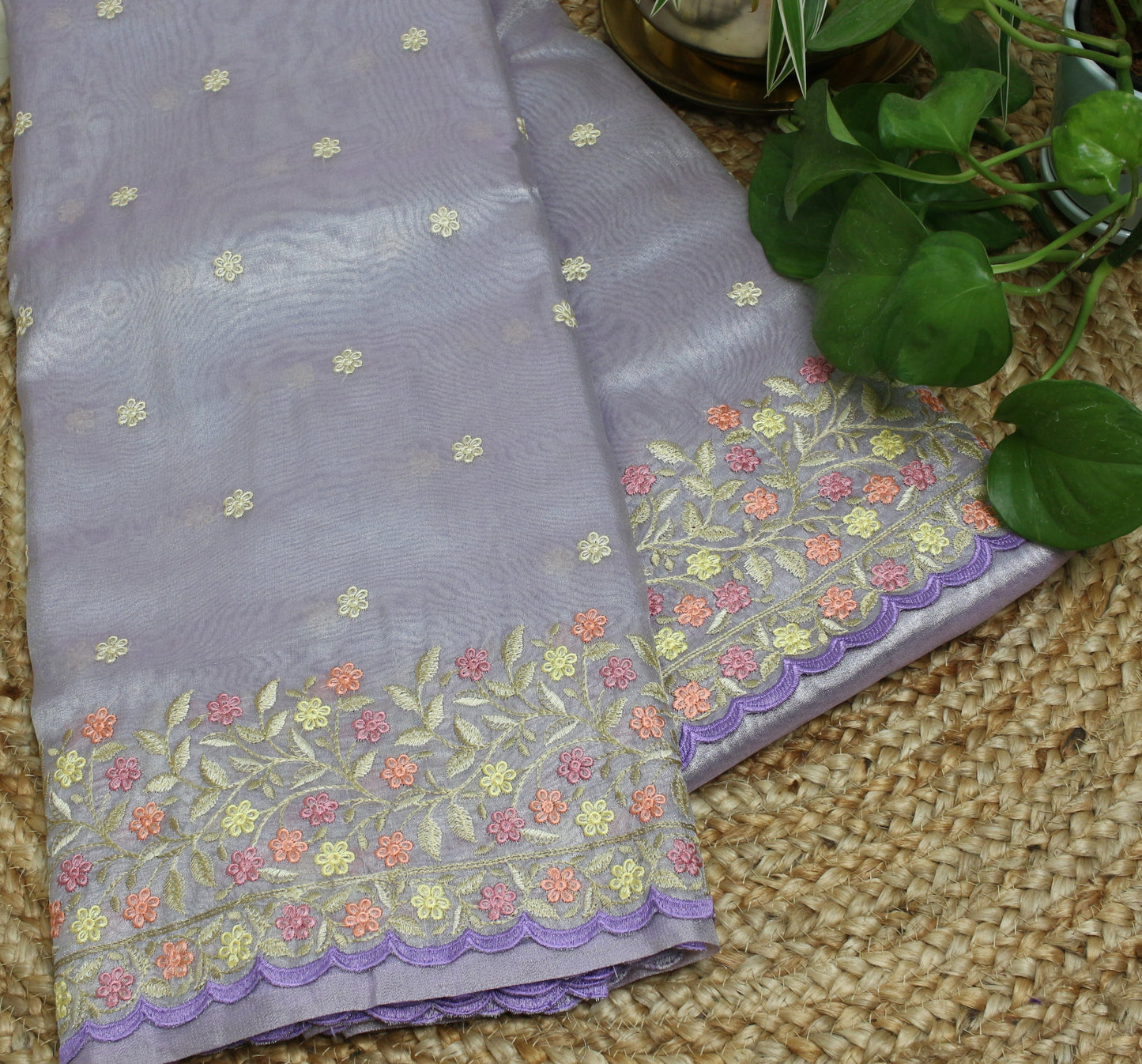 Pastel Lavender soft Tissue Saree with Delicate Floral Embroidery