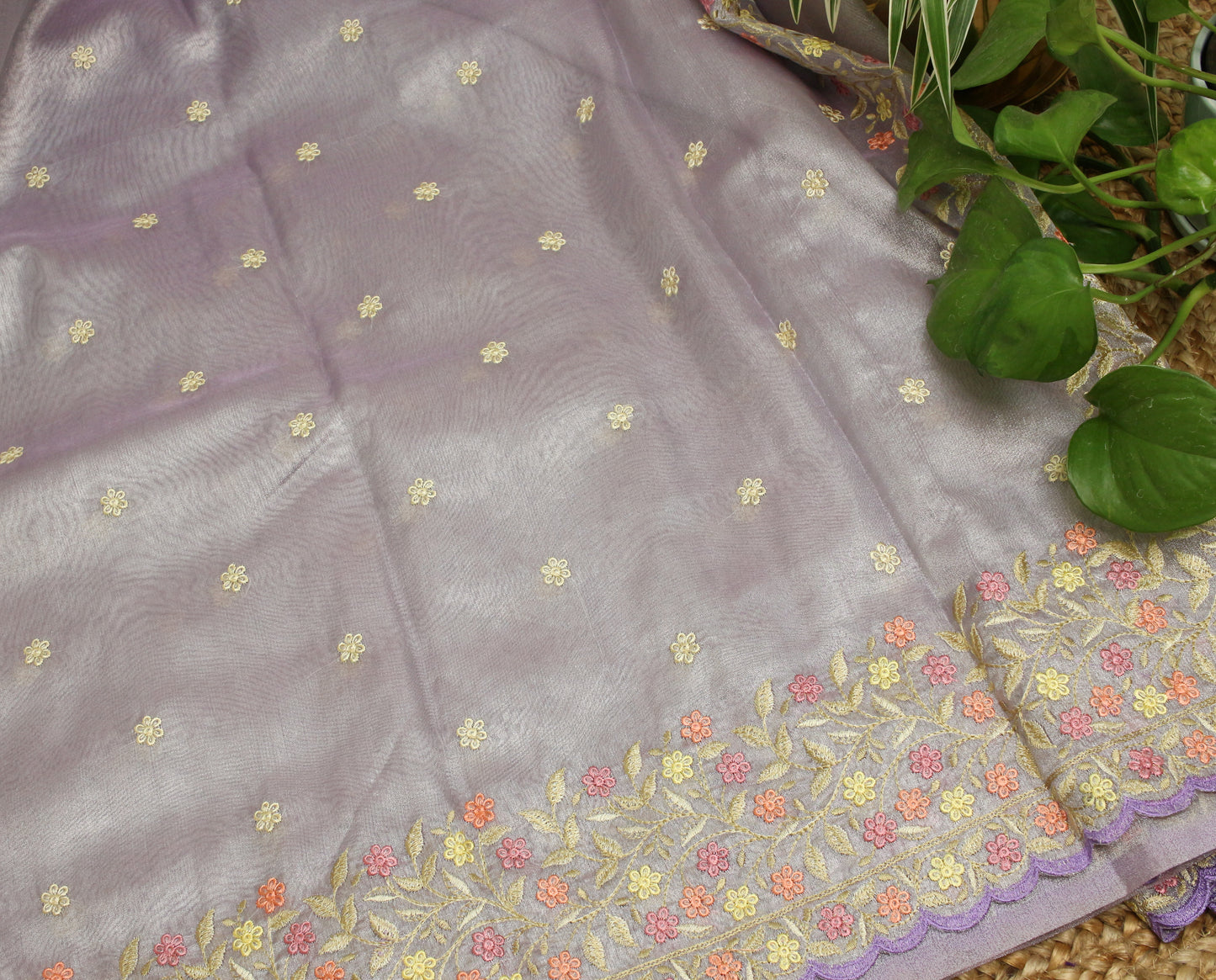Lavender soft Tissue Saree with Delicate Floral Embroidery