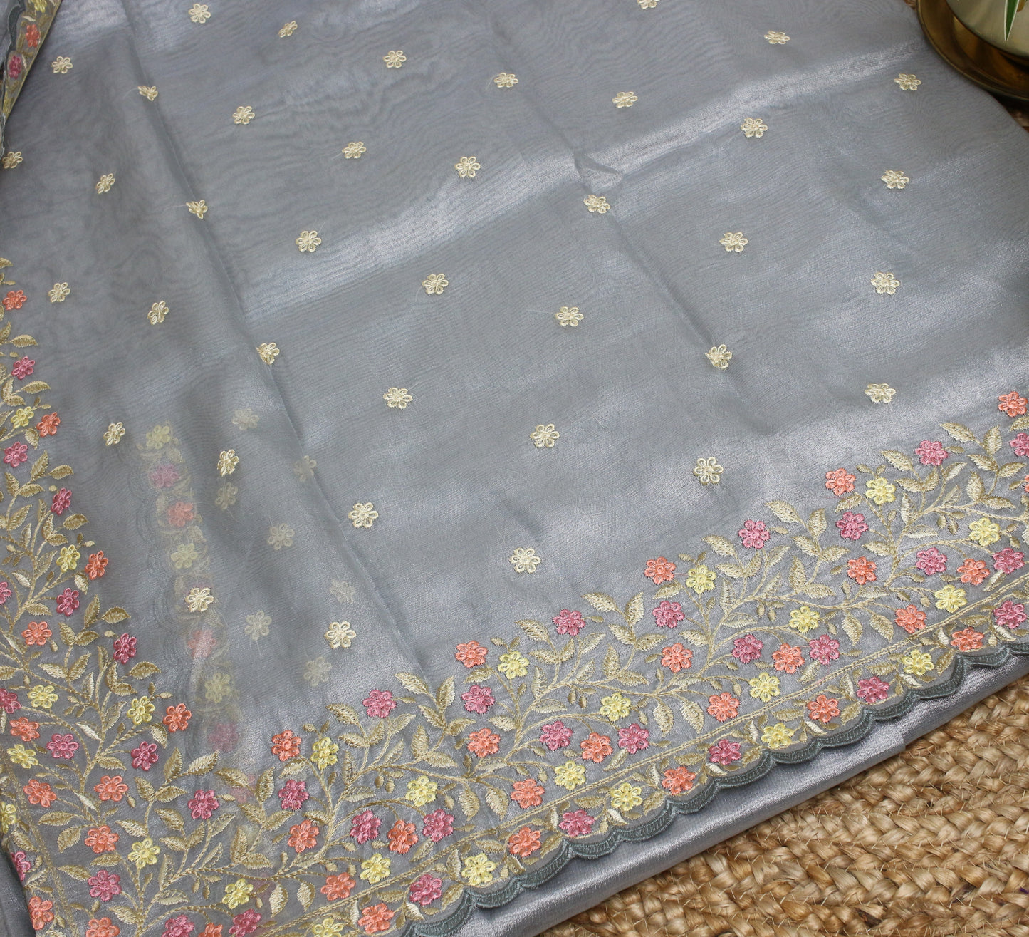 Silver soft Tissue Saree with Delicate Floral Embroidery