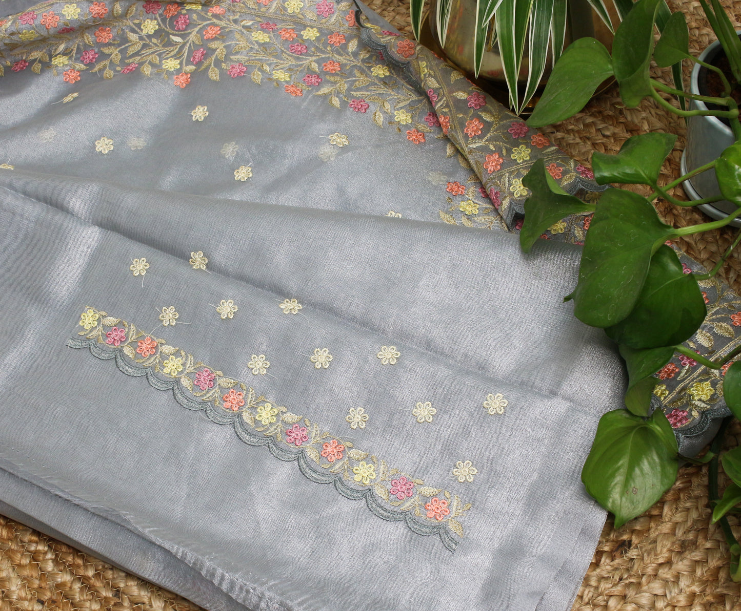 Silver soft Tissue Saree with Delicate Floral Embroidery