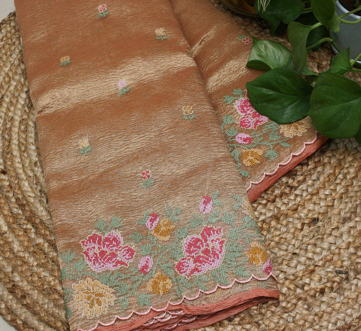 Elegant Orange Gold Crush Tissue Saree with Floral Embroidery
