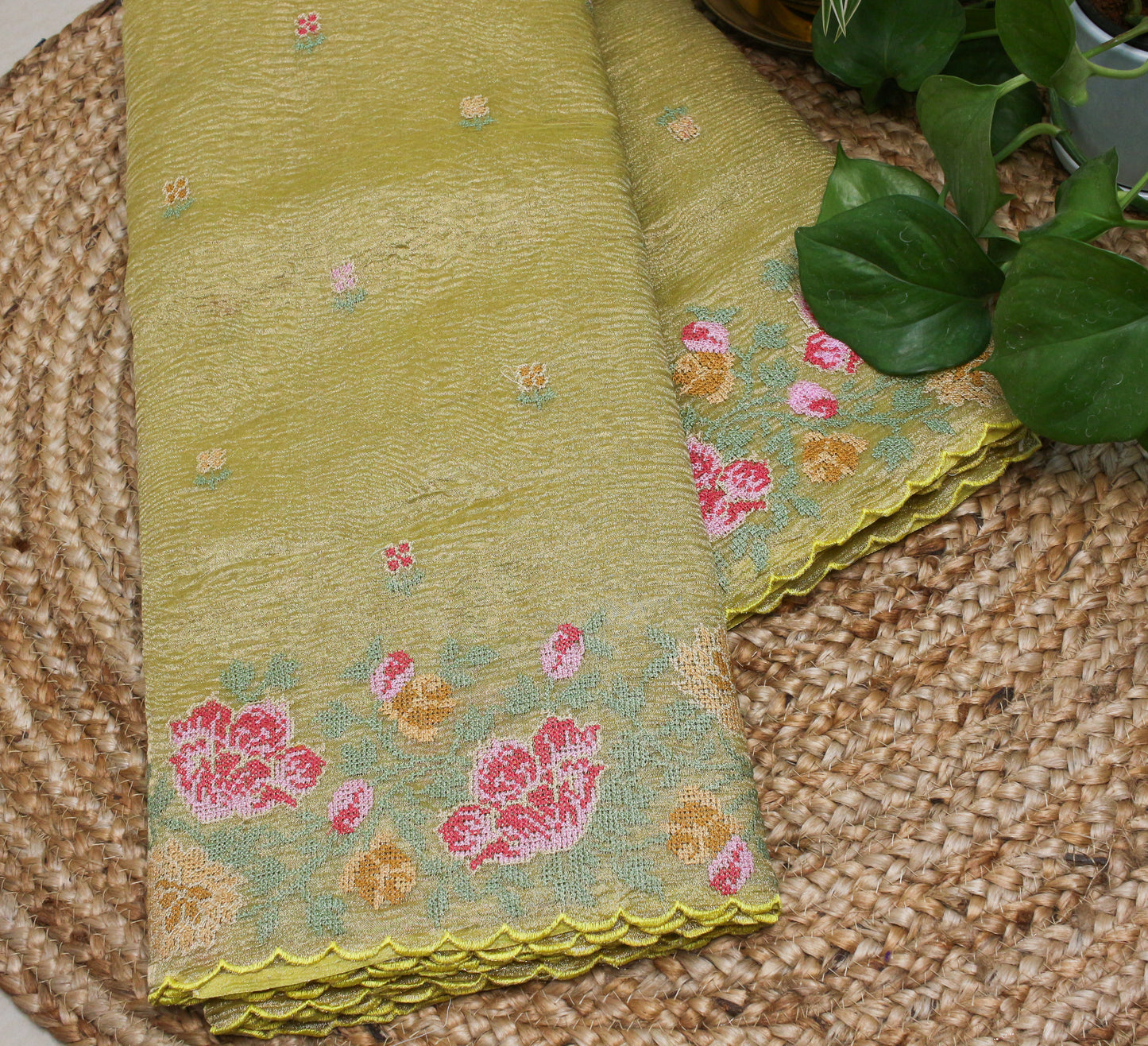 Elegant greenish yellow Gold Crush Tissue Saree with Floral Embroidery