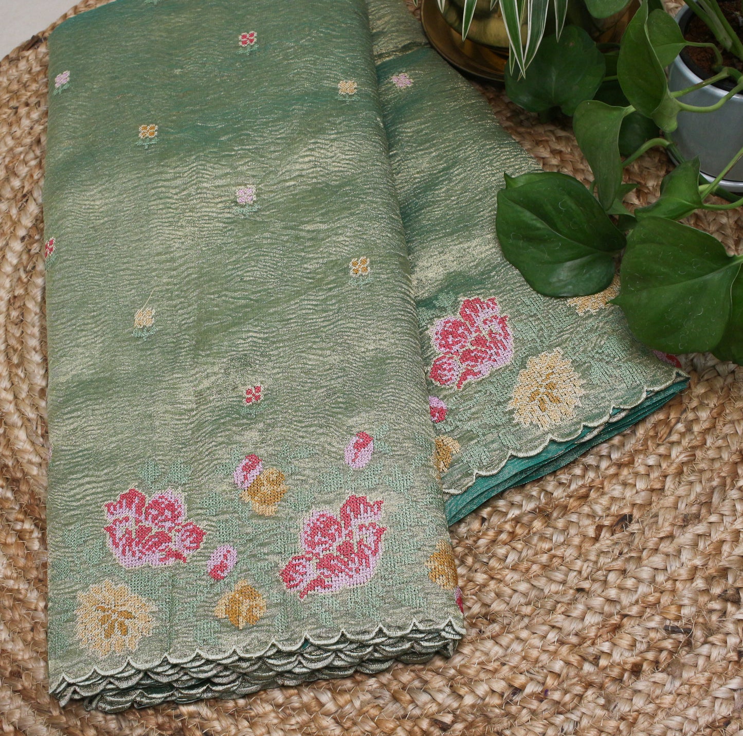 Elegant bottle green Gold Crush Tissue Saree with Floral Embroidery