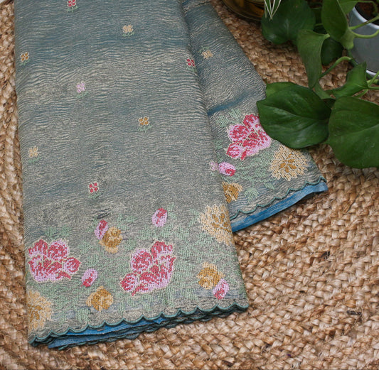 Elegant Blue Gold Crush Tissue Saree with Floral Embroidery