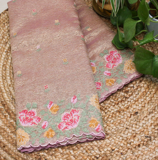 Elegant blush lavender Gold Crush Tissue Saree with Floral Embroidery