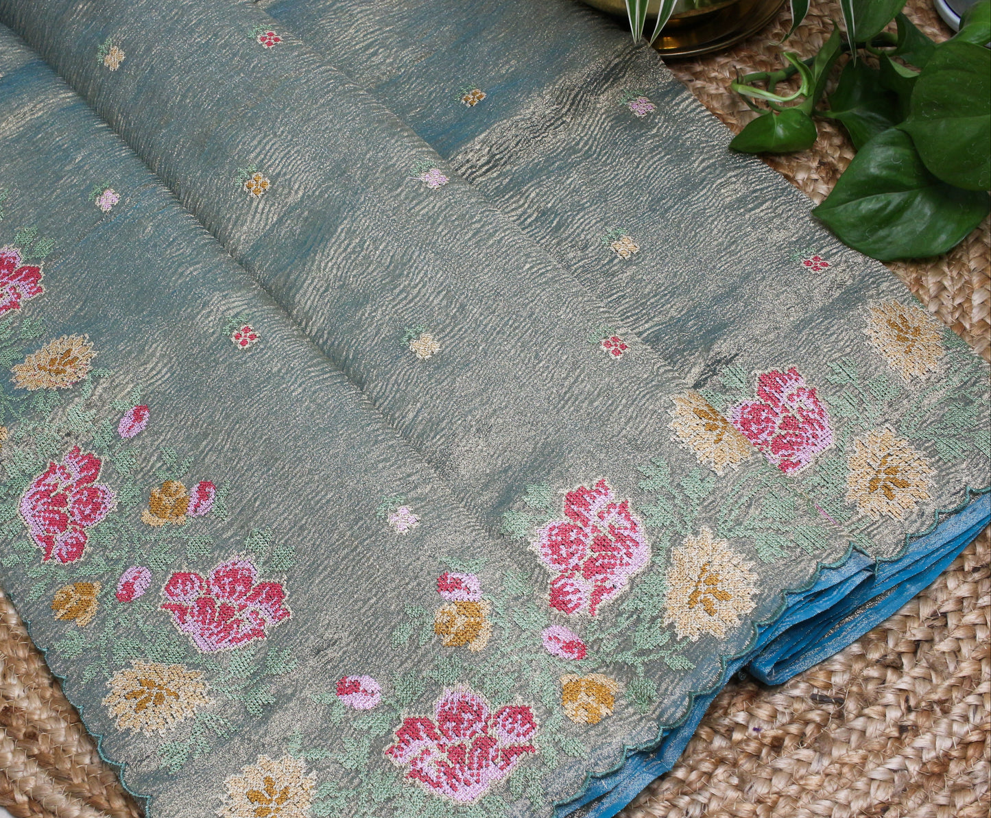 Elegant Blue Gold Crush Tissue Saree with Floral Embroidery