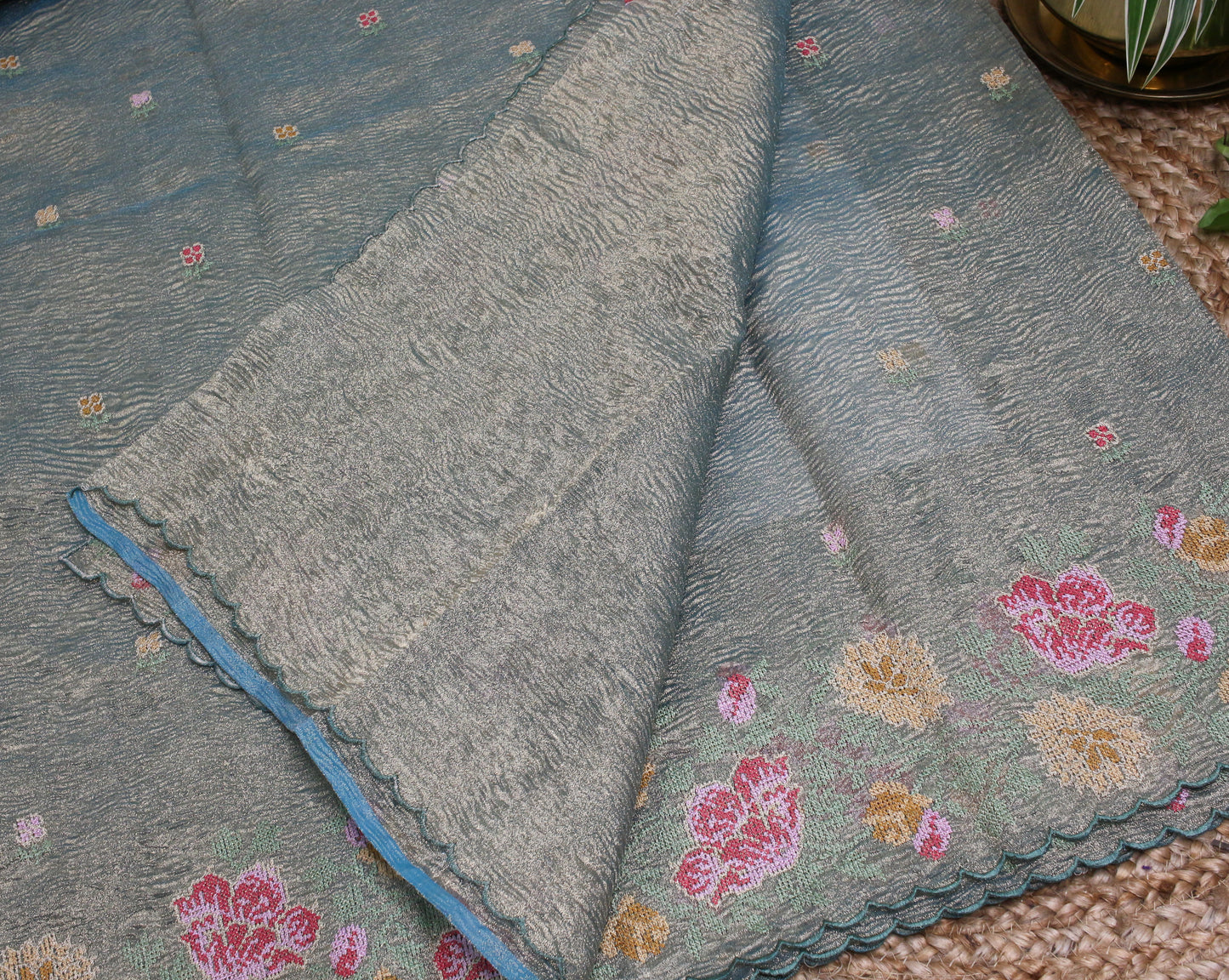 Elegant Blue Gold Crush Tissue Saree with Floral Embroidery
