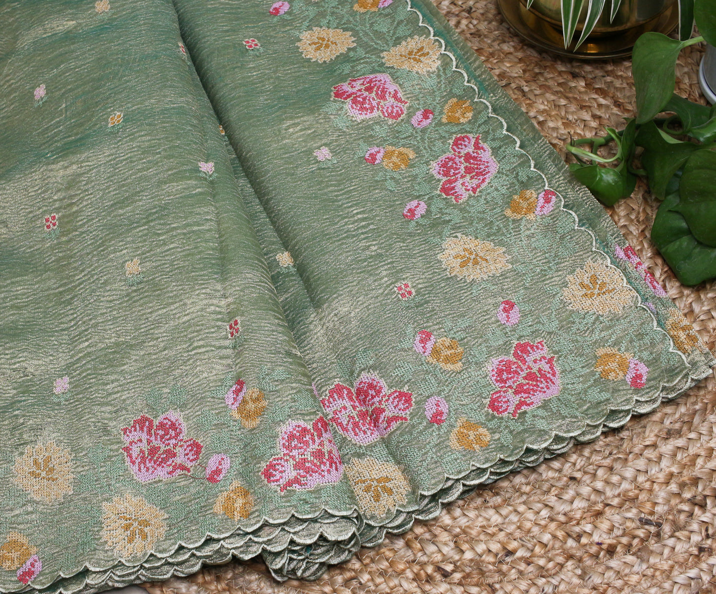Elegant bottle green Gold Crush Tissue Saree with Floral Embroidery