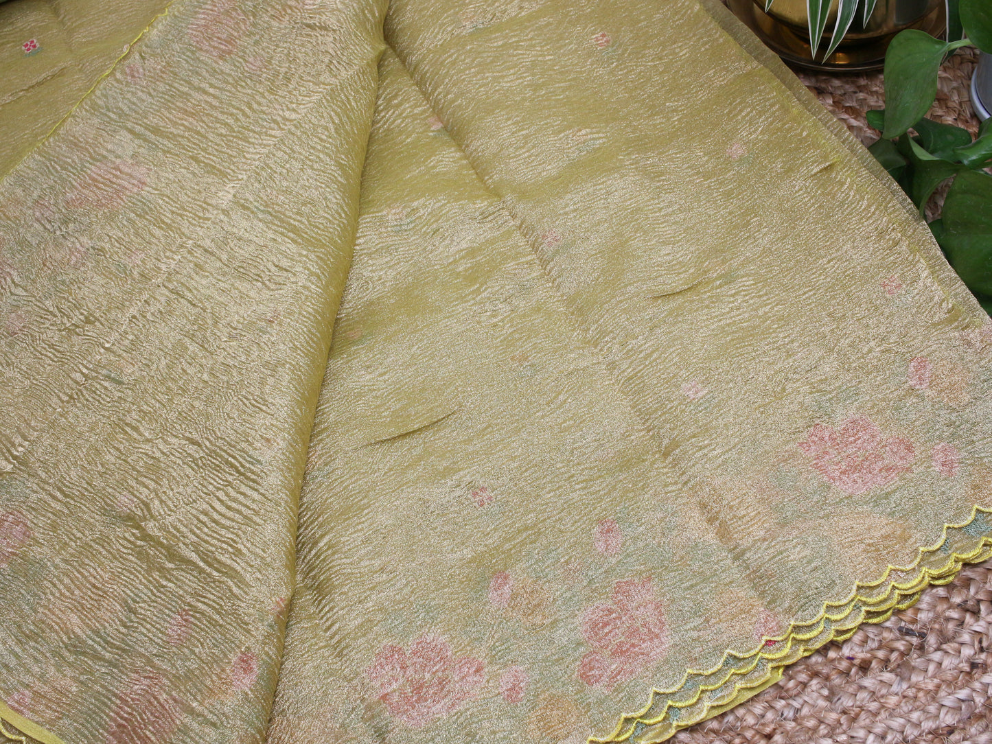 Elegant greenish yellow Gold Crush Tissue Saree with Floral Embroidery