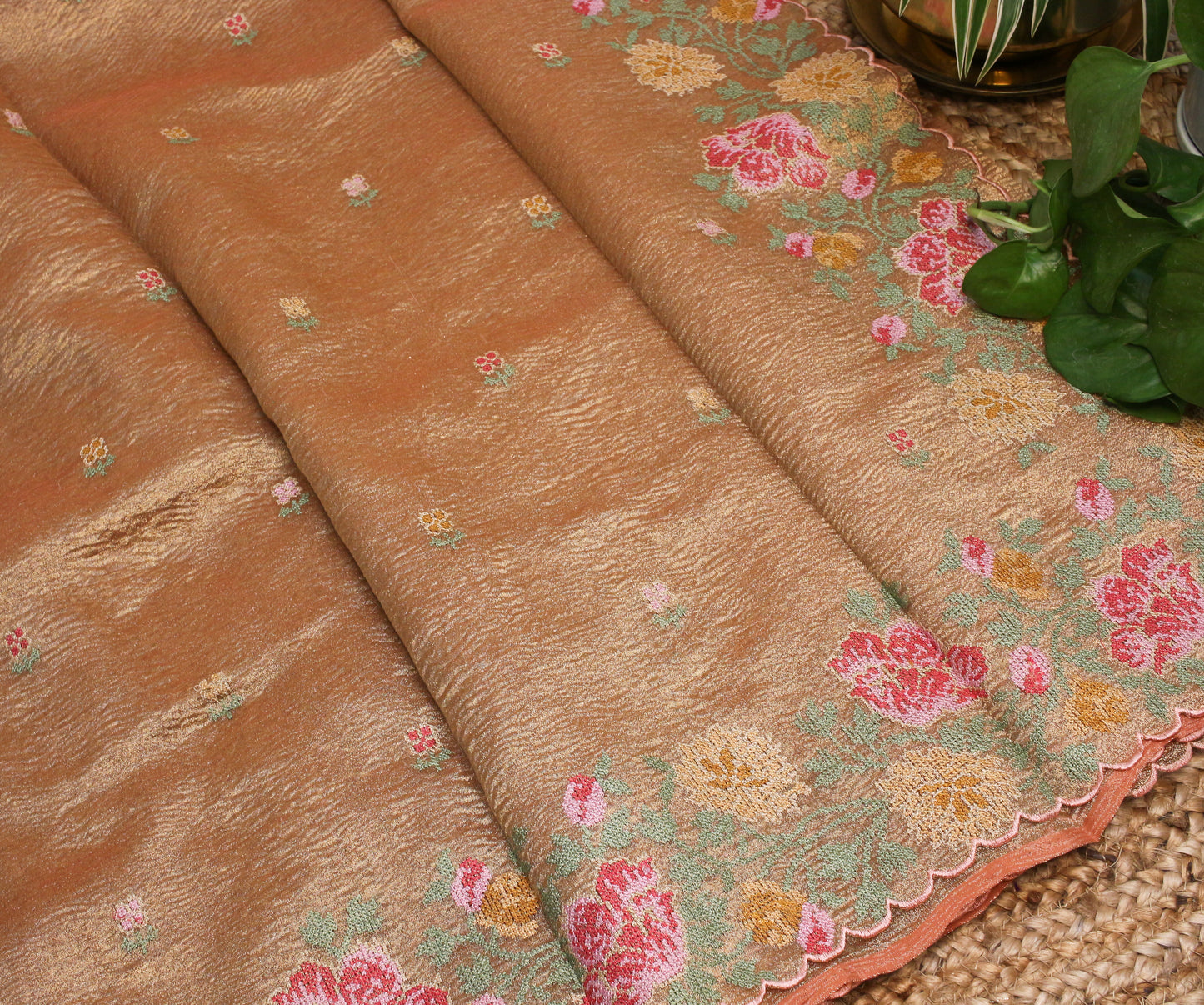 Elegant Orange Gold Crush Tissue Saree with Floral Embroidery