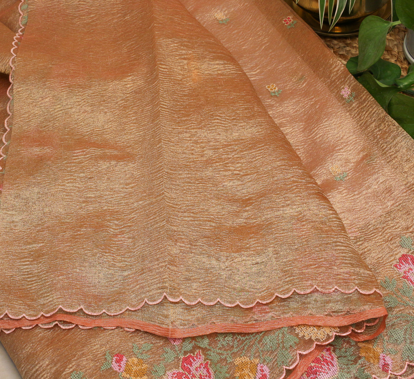 Elegant Orange Gold Crush Tissue Saree with Floral Embroidery
