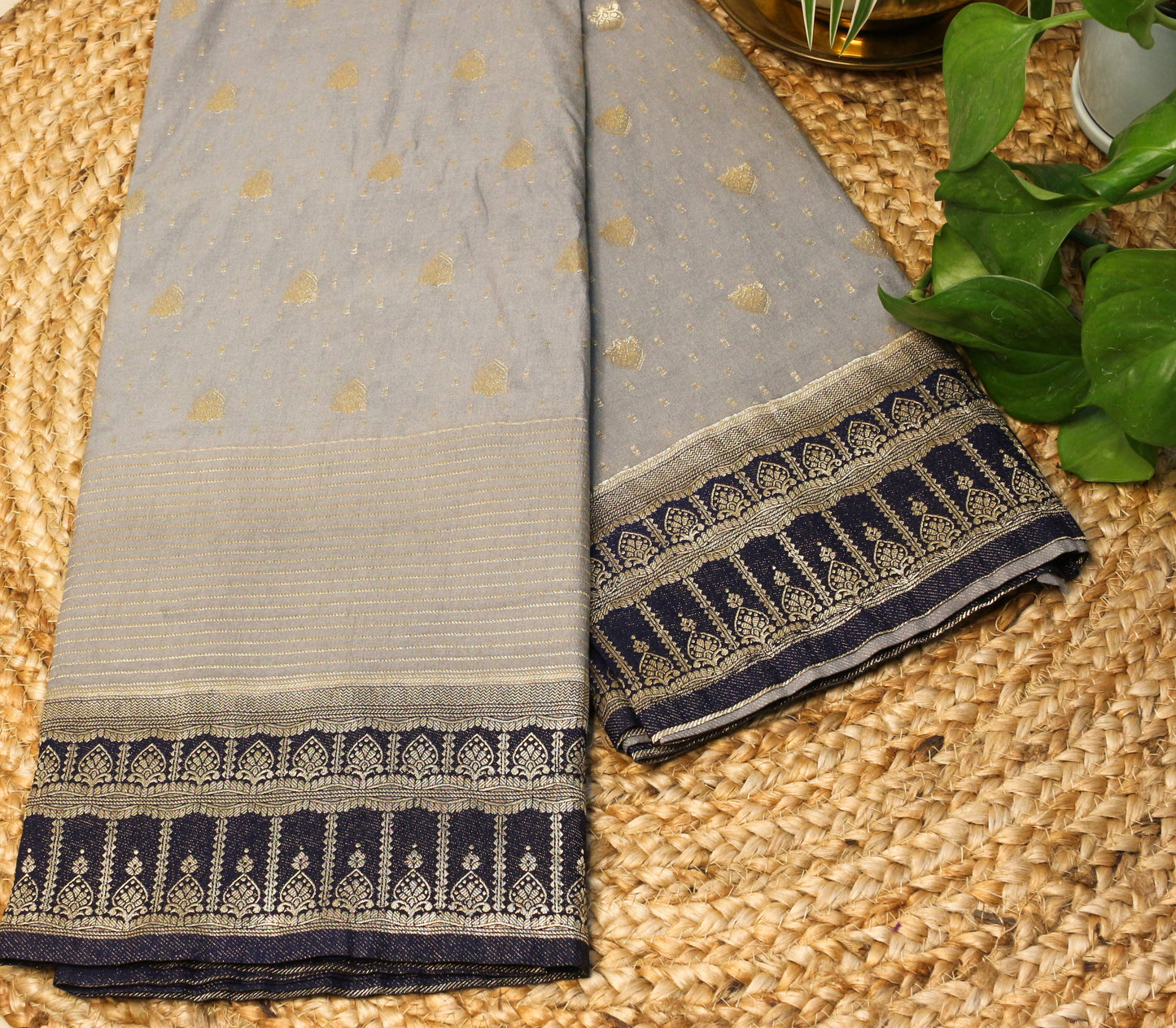Grey Soft Chinnon Banarasi Saree with Zari Border