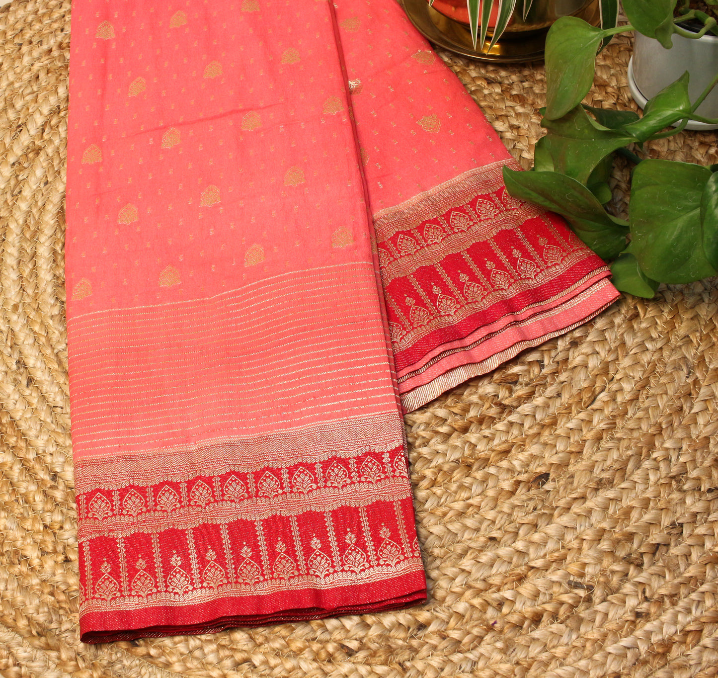 Peach Soft Chinnon Banarasi Saree with Zari Border
