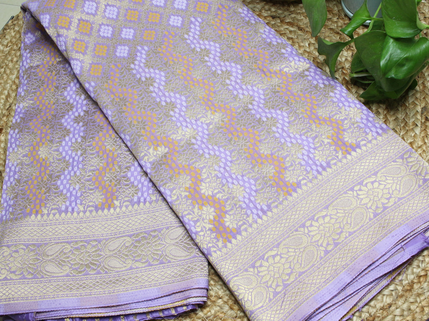 Elegant lavender Banarasi Semi-Georgette Saree with Gold Zari Weaving