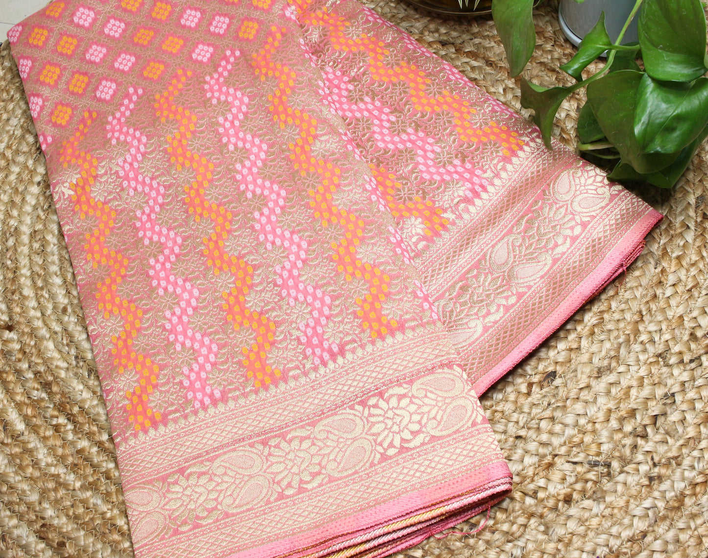 Elegant Peach Banarasi Semi-Georgette Saree with Gold Zari Weaving