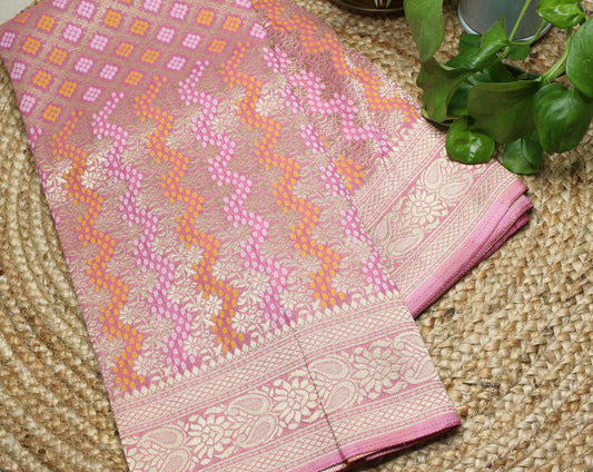 Elegant blush pink Banarasi Semi-Georgette Saree with Gold Zari Weaving