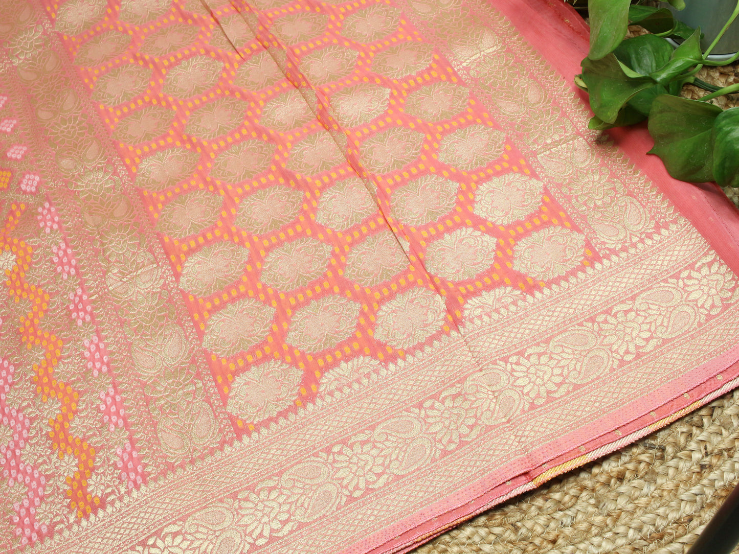 Elegant Peach Banarasi Semi-Georgette Saree with Gold Zari Weaving