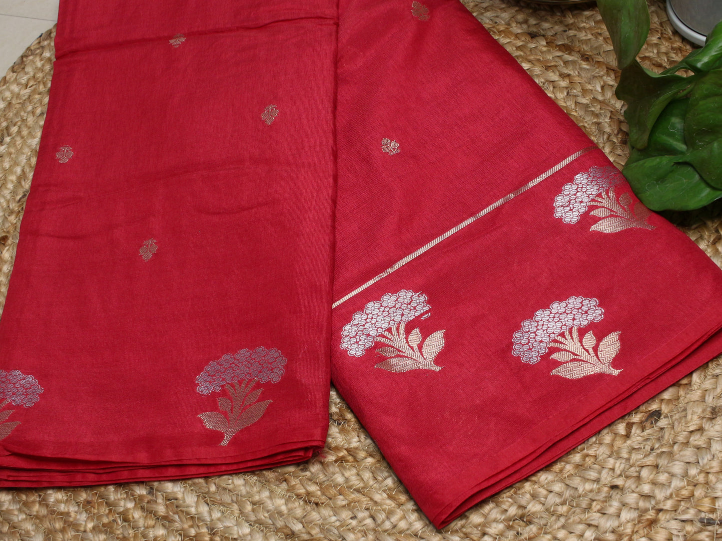 Classic Red Banarasi semi raw mango Saree with Silver Zari Floral Buttas