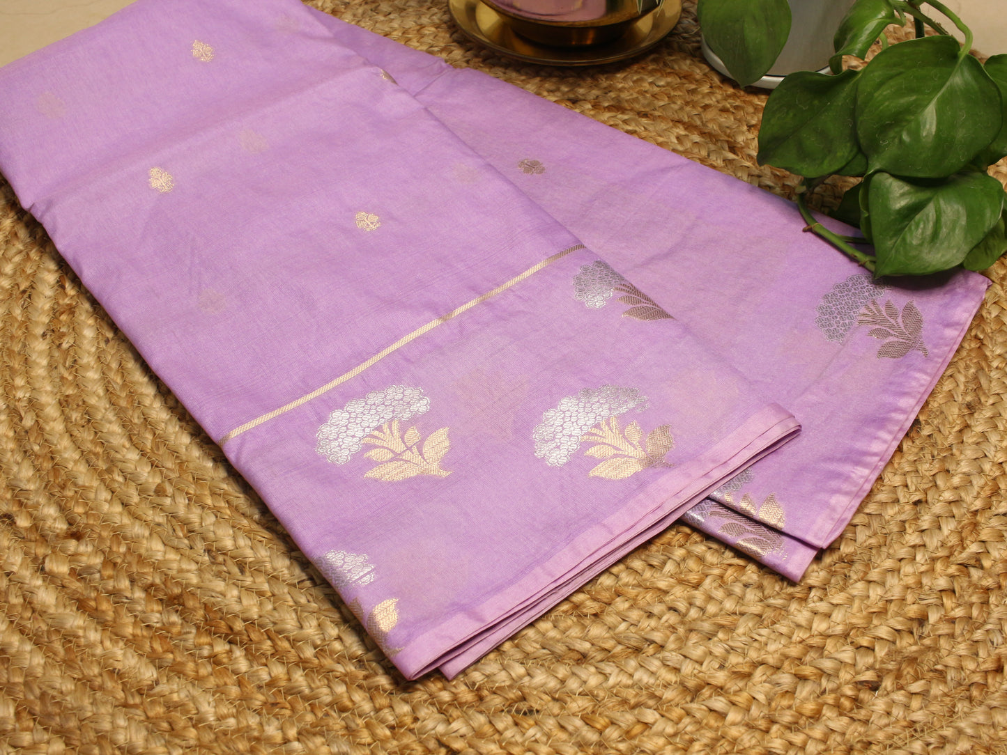 Classic Lavender Banarasi semi raw mango Saree with silver and gold Zari Floral Buttas