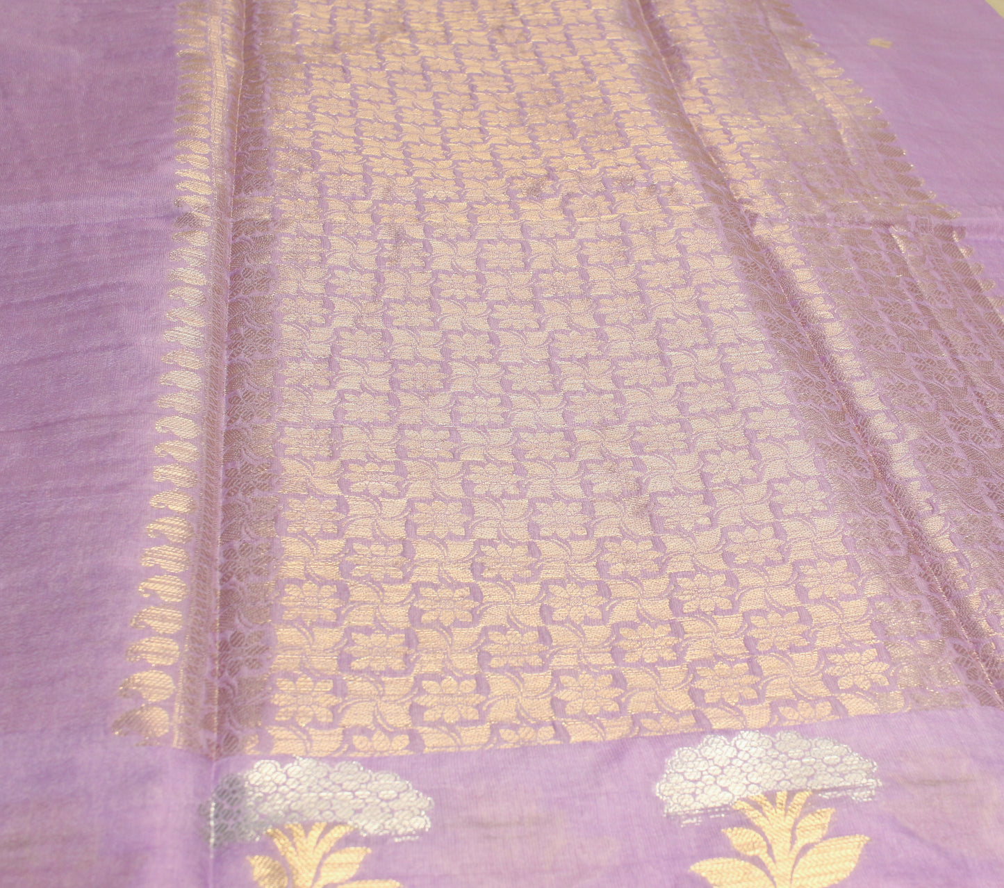 Classic Lavender Banarasi semi raw mango Saree with silver and gold Zari Floral Buttas