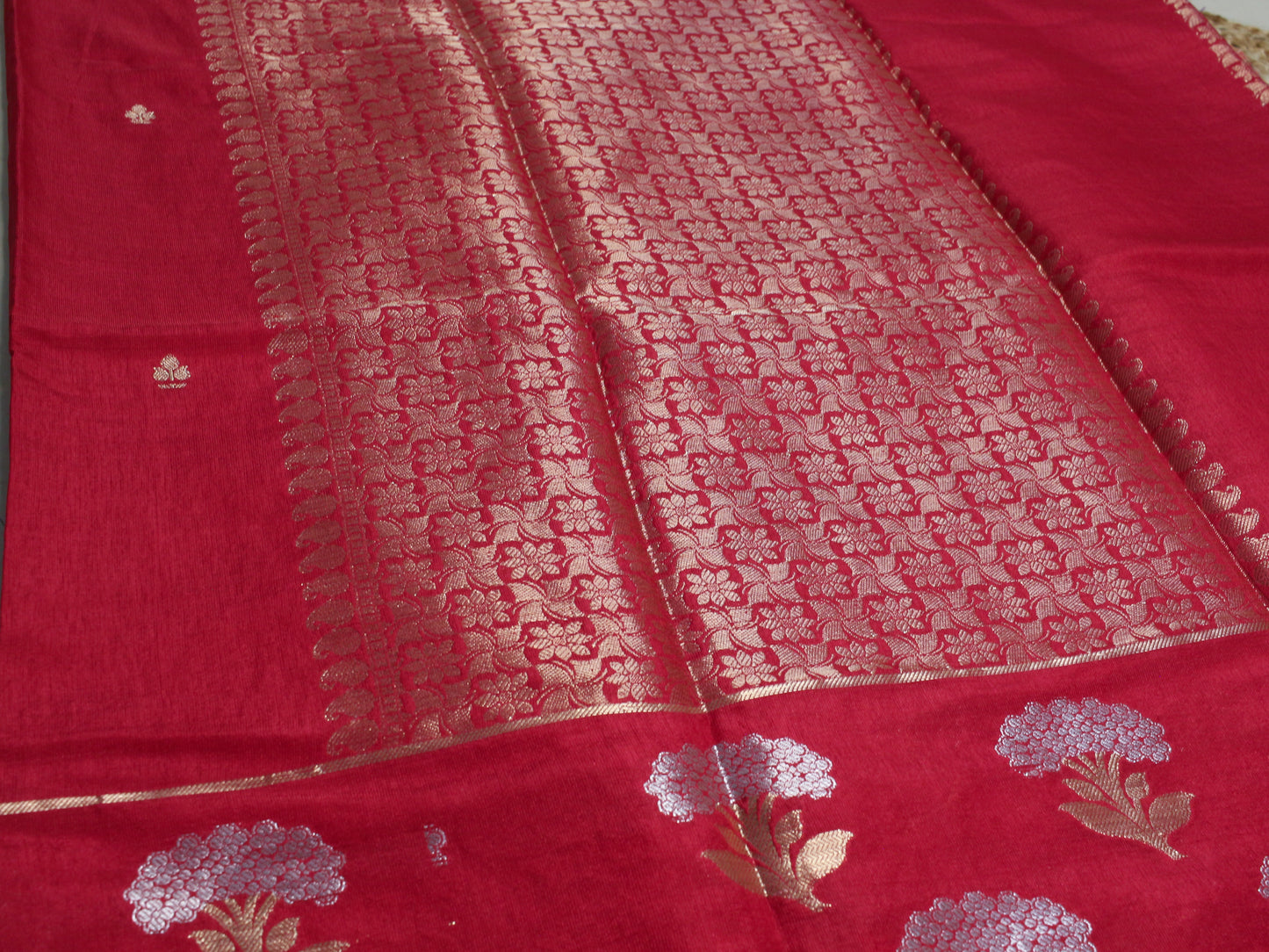 Classic Red Banarasi semi raw mango Saree with Silver Zari Floral Buttas