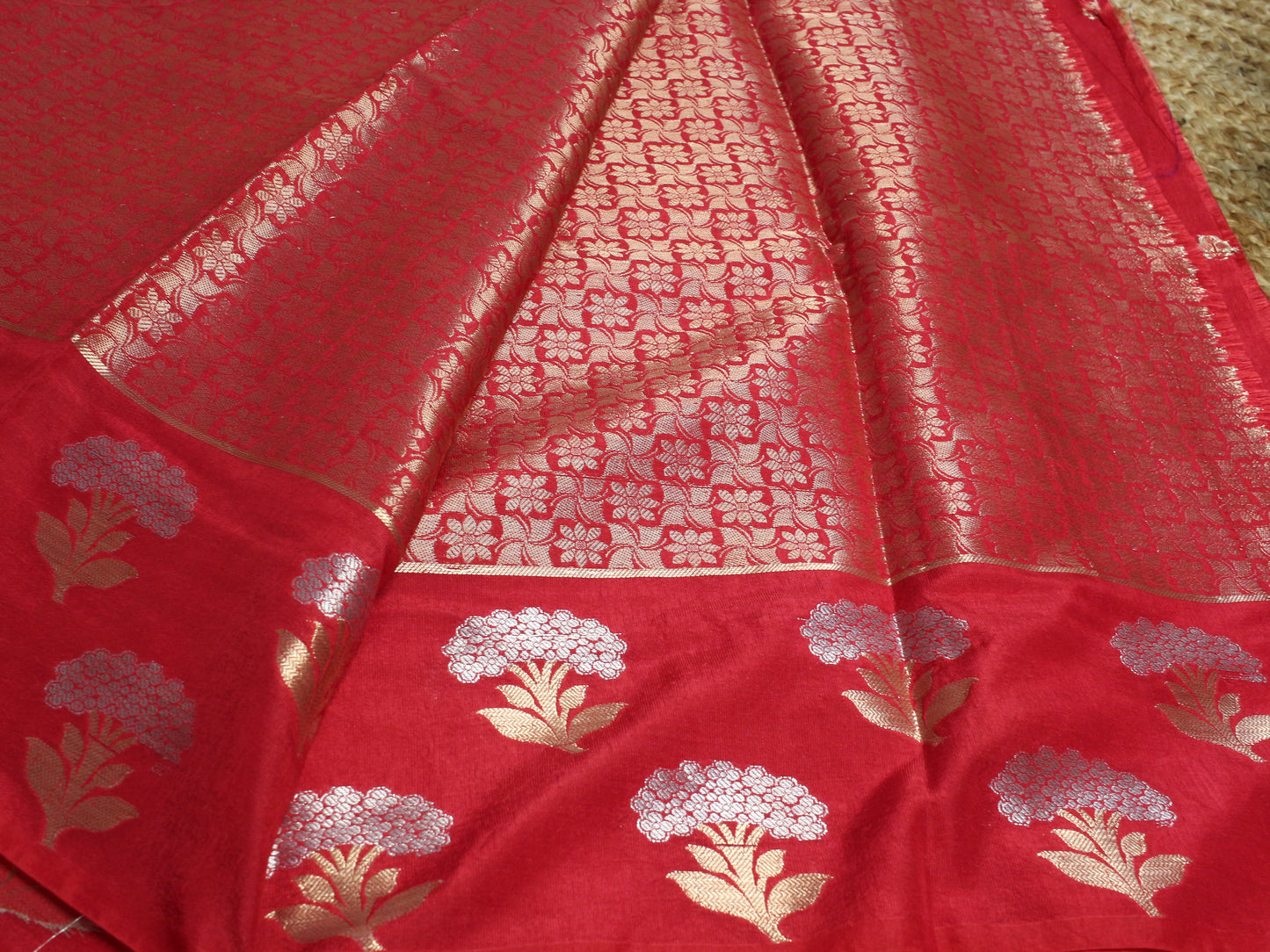 Classic Red Banarasi semi raw mango Saree with Silver Zari Floral Buttas