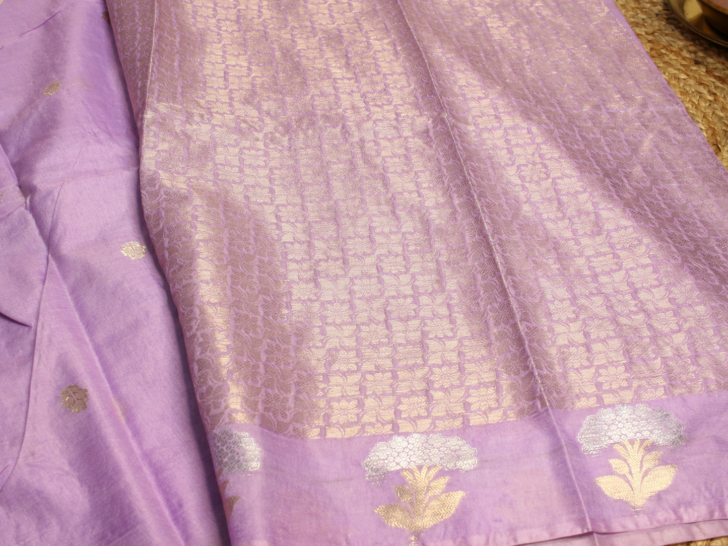 Classic Lavender Banarasi semi raw mango Saree with silver and gold Zari Floral Buttas