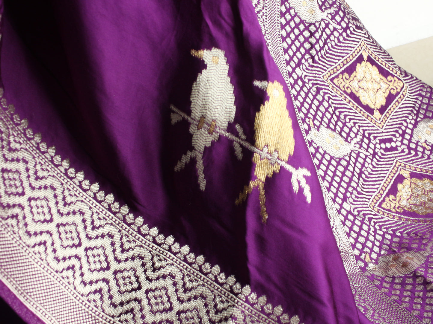 Purple Banarasi Mashru Silk Saree with Silver and gold Zari bird Motifs