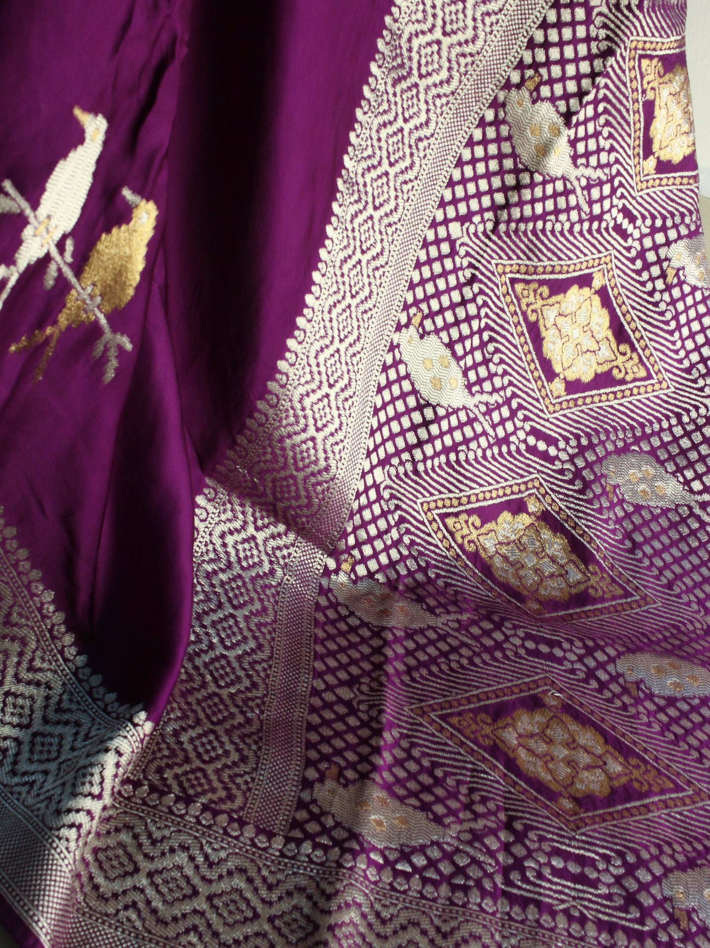 Purple Banarasi Mashru Silk Saree with Silver and gold Zari bird Motifs