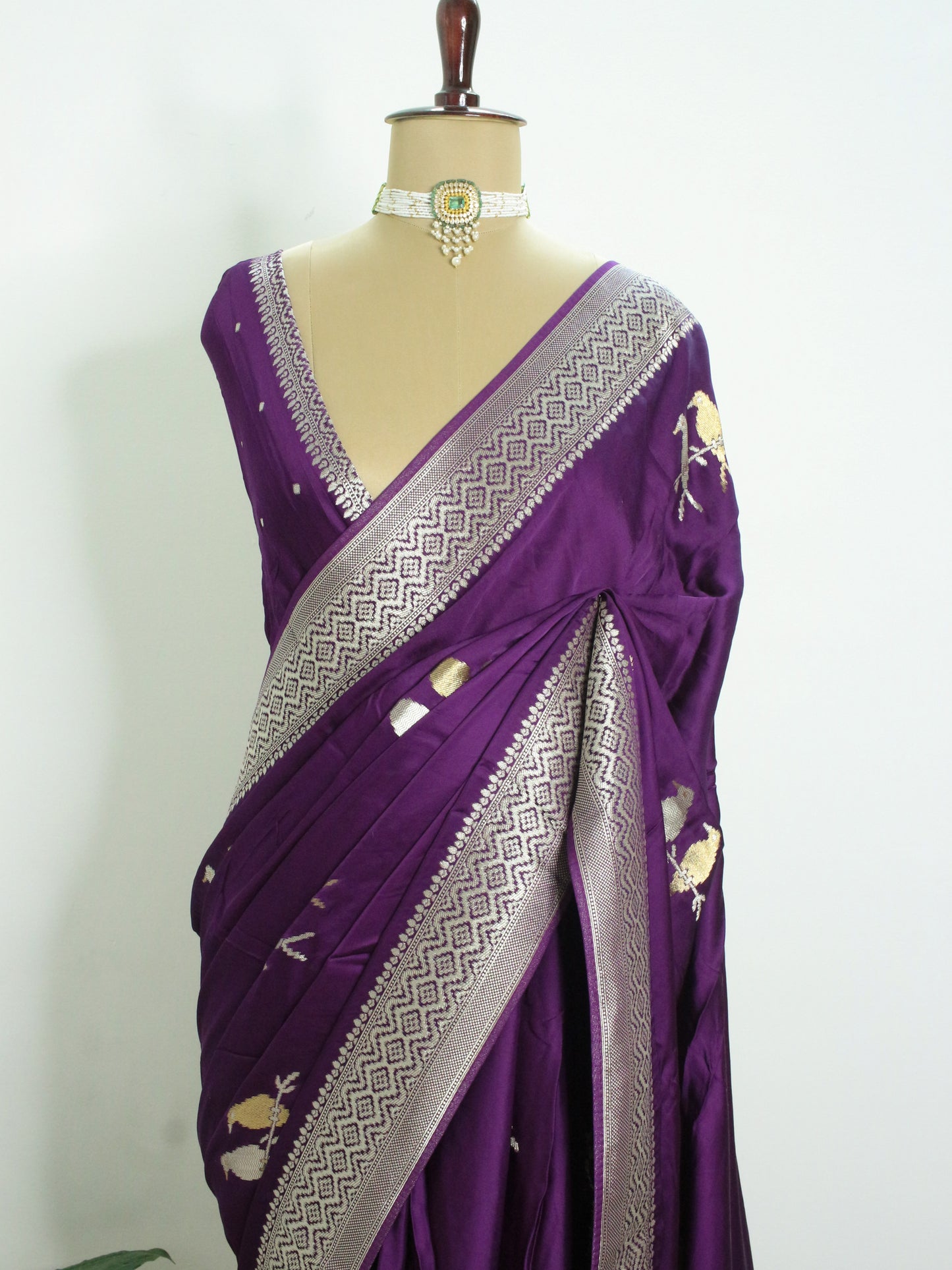 Purple Banarasi Mashru Silk Saree with Silver and gold Zari bird Motifs