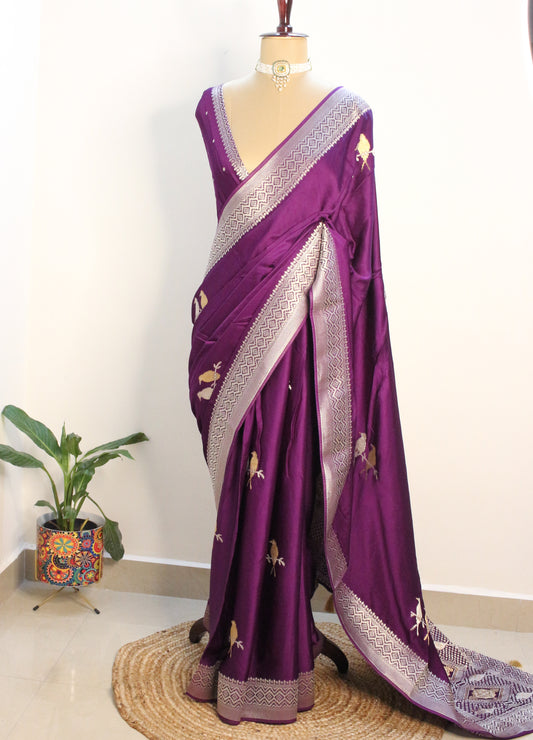 Purple Banarasi Mashru Silk Saree with Silver and gold Zari bird Motifs
