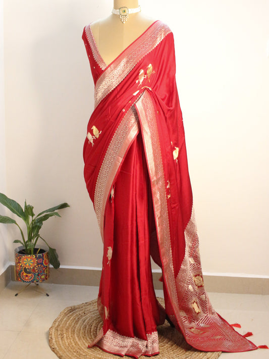 Red Banarasi Mashru Silk Saree with Silver and gold Zari bird Motifs