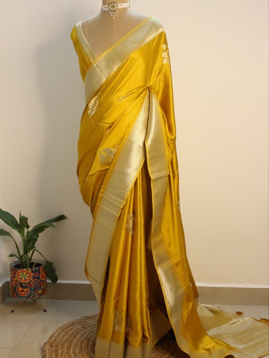 Mustard yellow Banarasi Mashru Silk Saree with Silver and gold Zari bird Motifs
