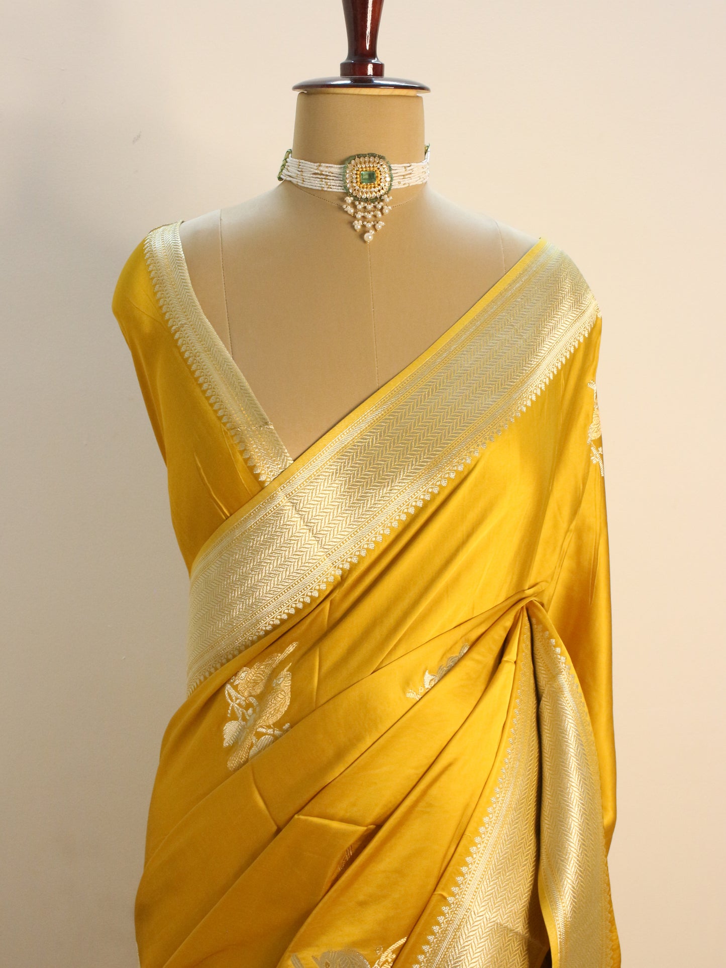 Mustard yellow Banarasi Mashru Silk Saree with Silver and gold Zari bird Motifs