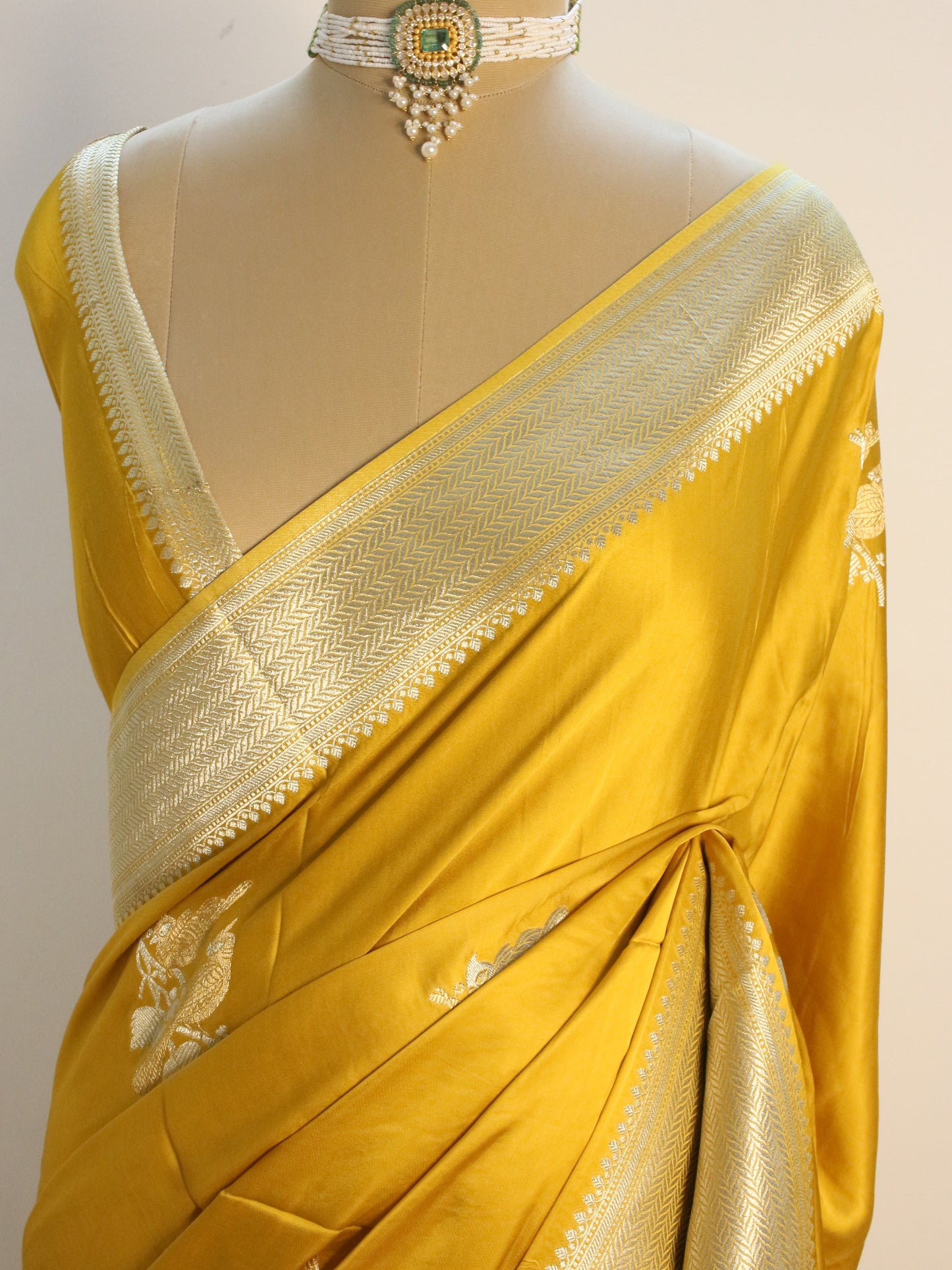 Mustard yellow Banarasi Mashru Silk Saree with Silver and gold Zari bird Motifs