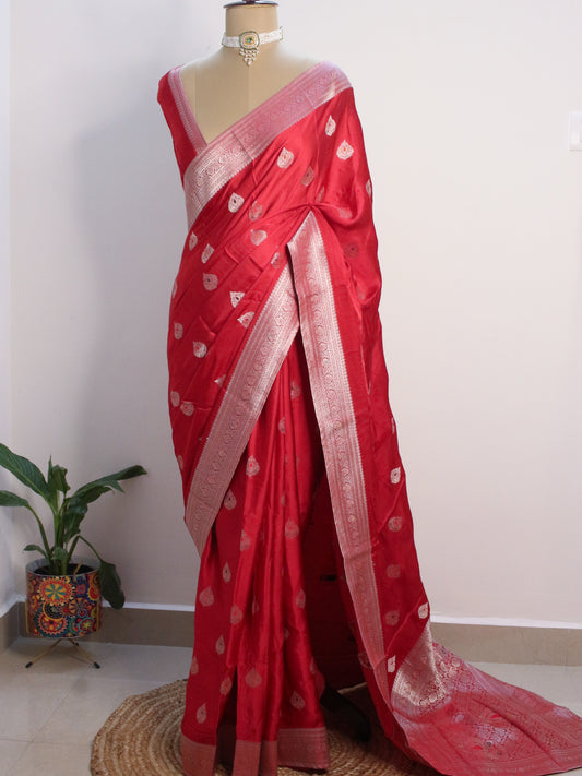 Red Banarasi Mashru Silk Saree with Subtle Zari Buti and Border