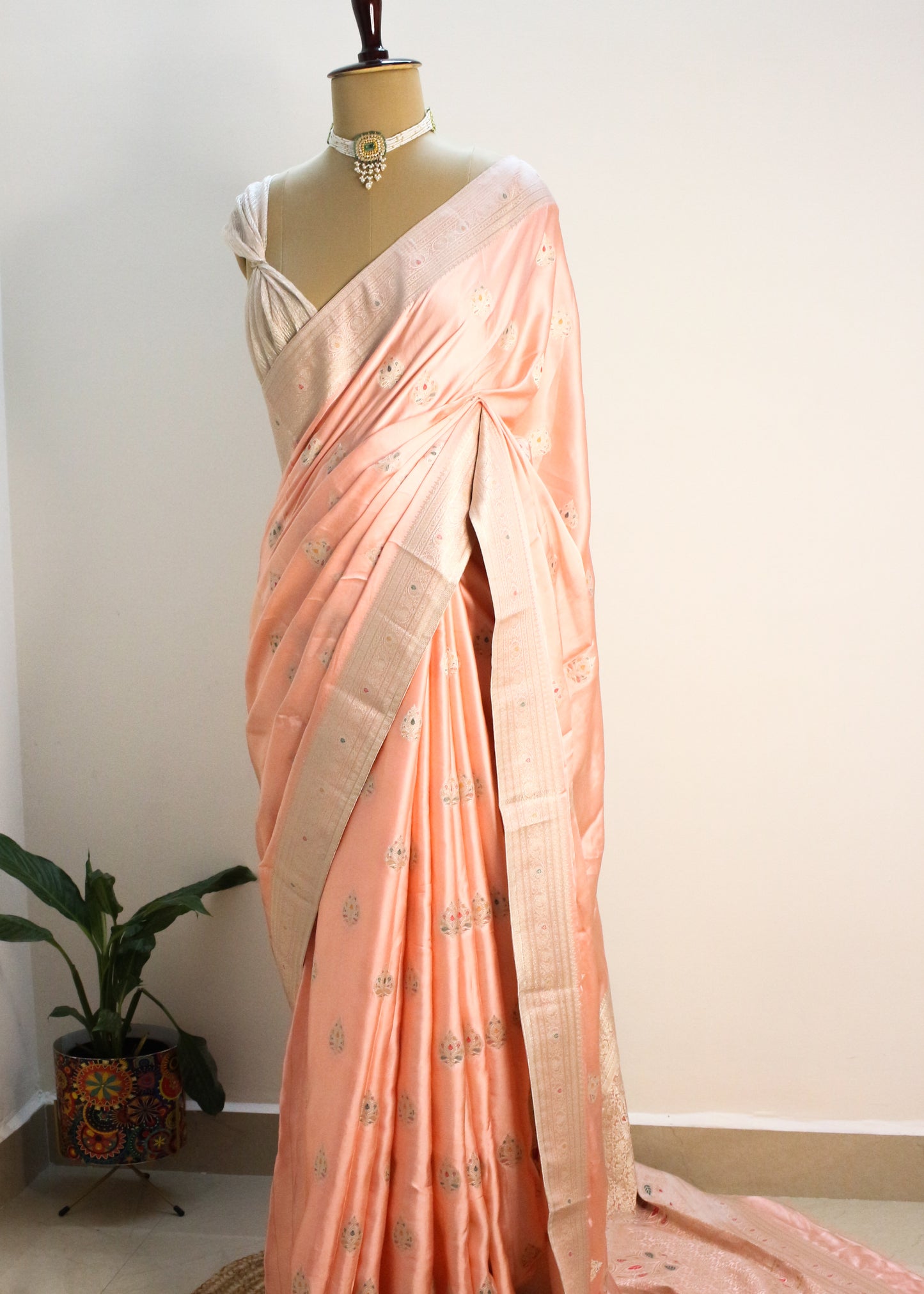 Blush Peach Banarasi Mashru Silk Saree with Subtle Zari Buti and Border