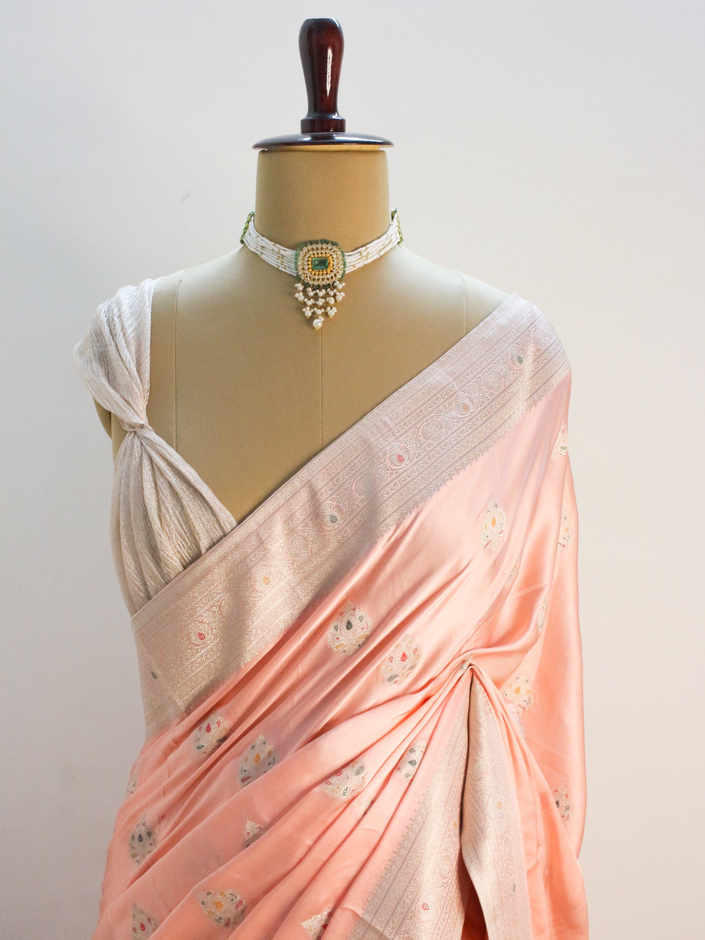 Blush Peach Banarasi Mashru Silk Saree with Subtle Zari Buti and Border