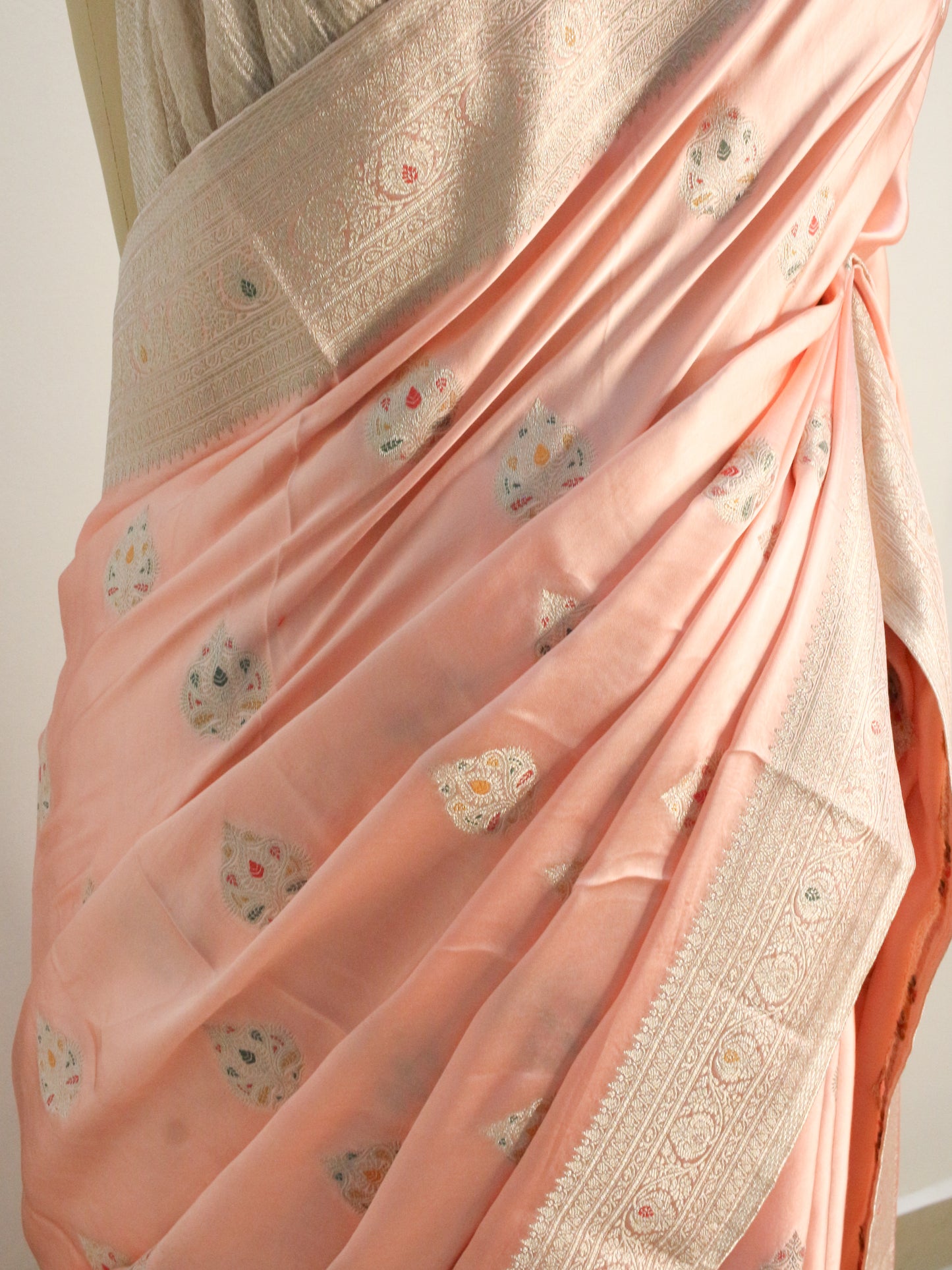 Blush Peach Banarasi Mashru Silk Saree with Subtle Zari Buti and Border