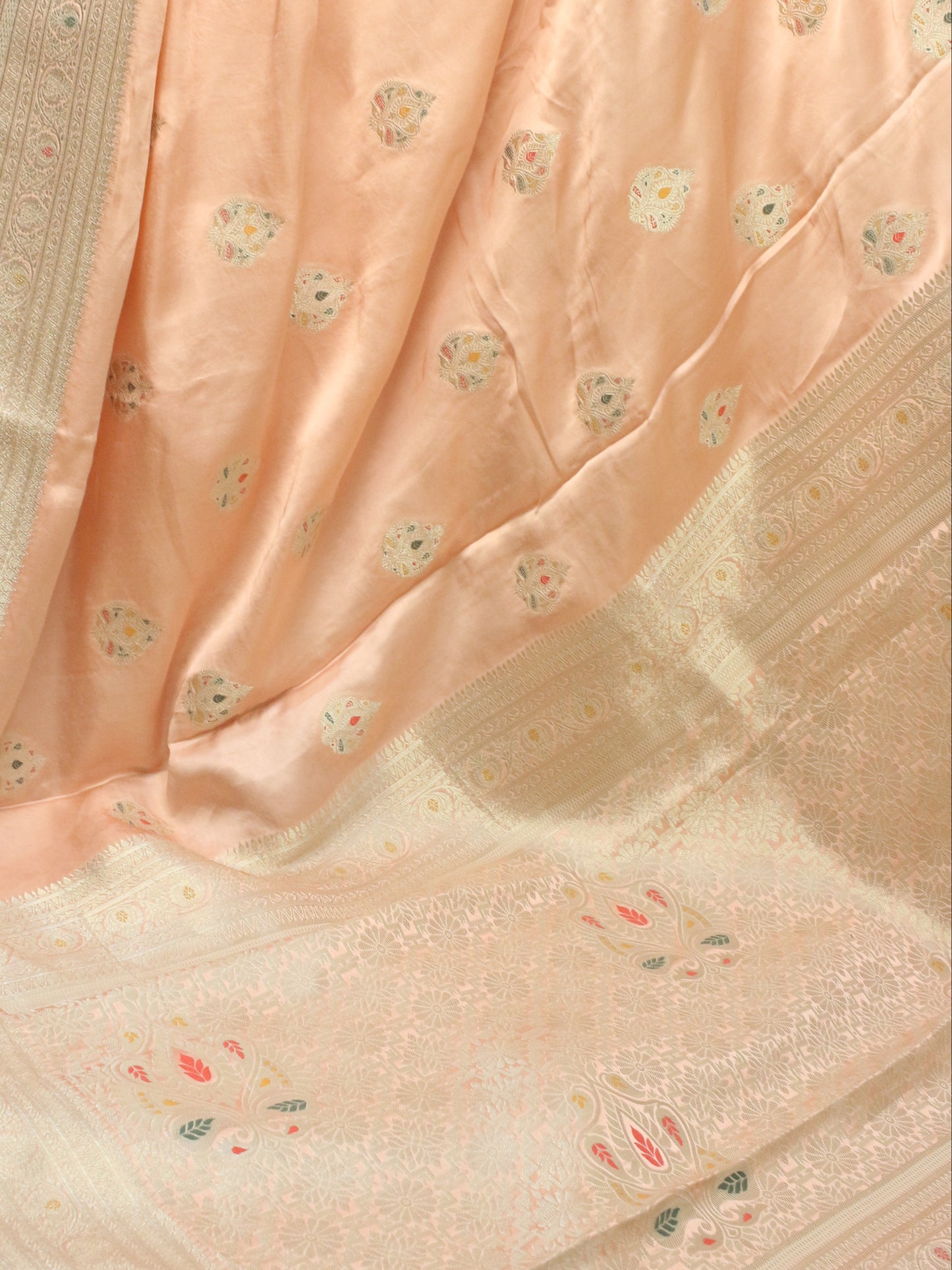 Blush Peach Banarasi Mashru Silk Saree with Subtle Zari Buti and Border