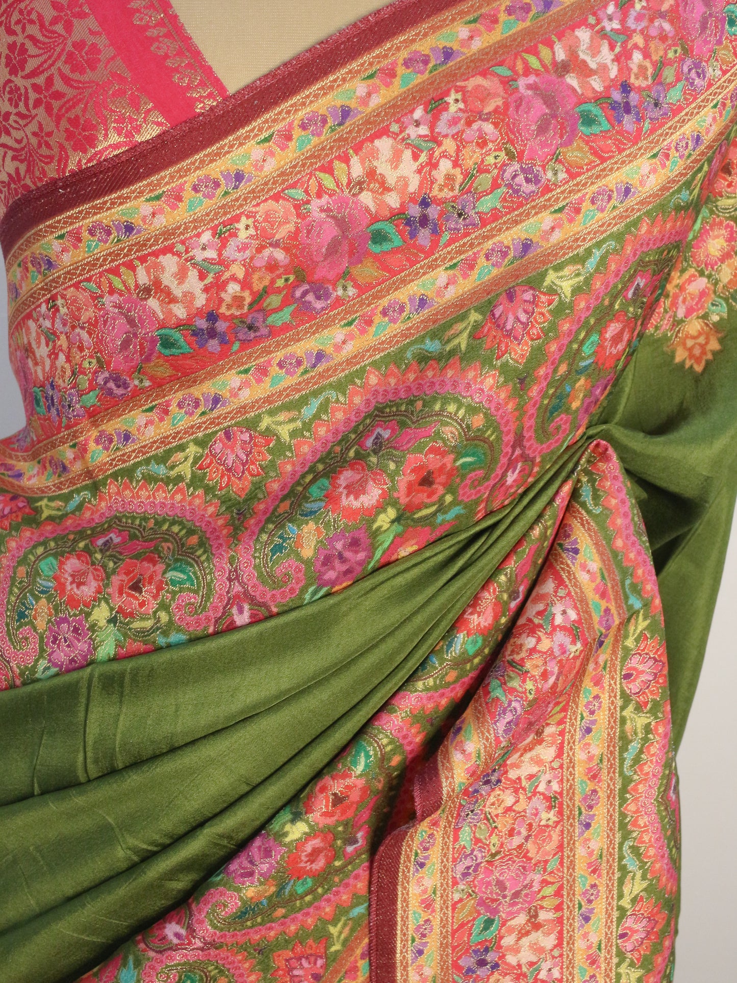 Henna green  Kashmiri emporium Kanni Silk Saree with Multicolor Floral Weave