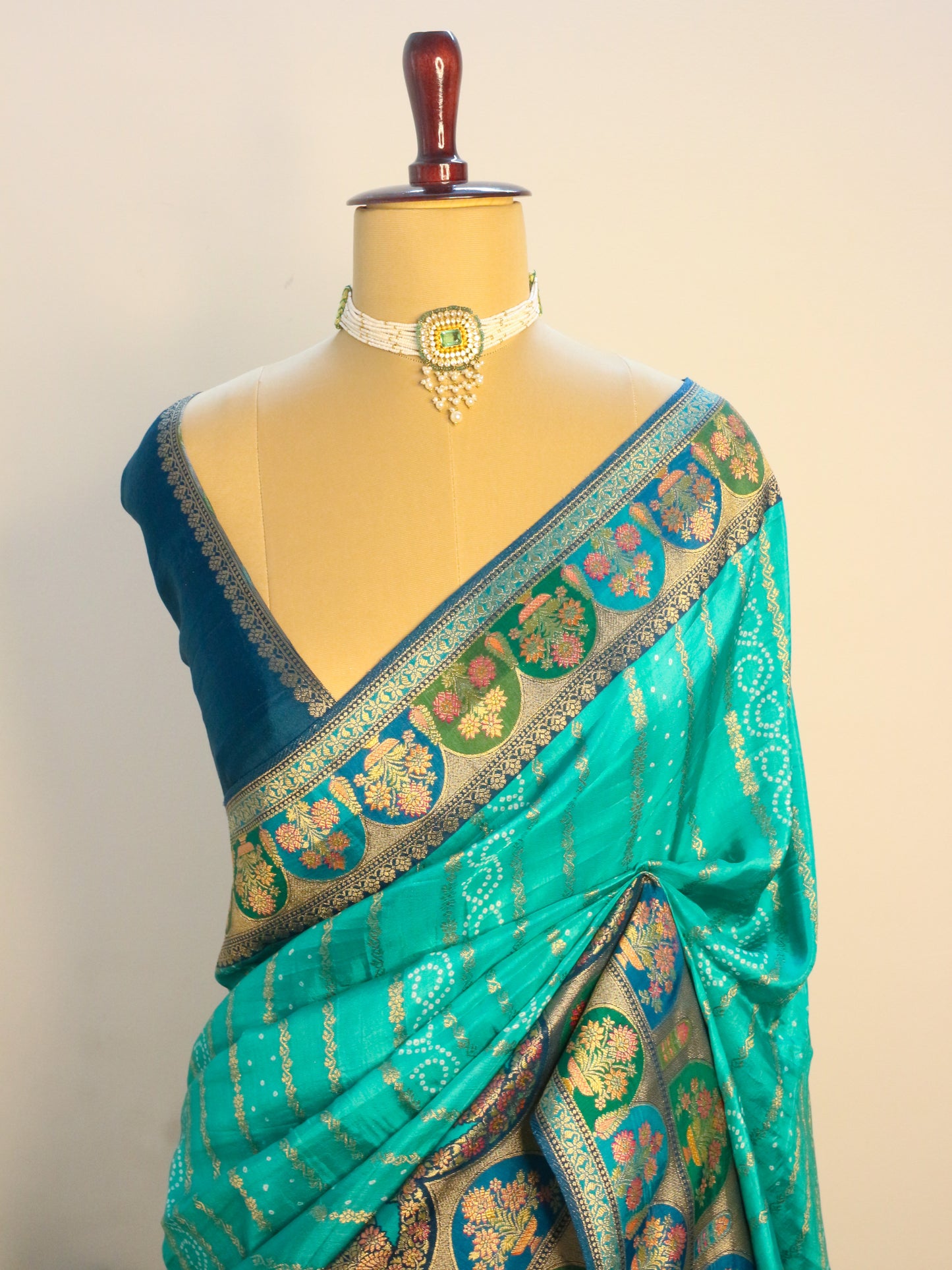 Sea green Kani Silk Saree with Bandhani Design & Gold Zari Weaving