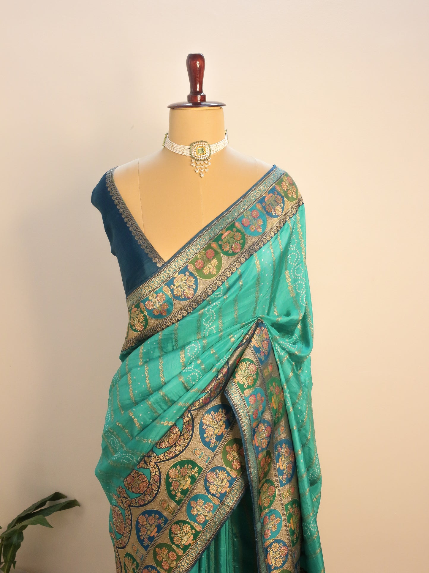Sea green Kani Silk Saree with Bandhani Design & Gold Zari Weaving