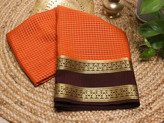 Mysore Silk Crepe Saree - Rust Orange with brown Border | 140 GSM Elegance