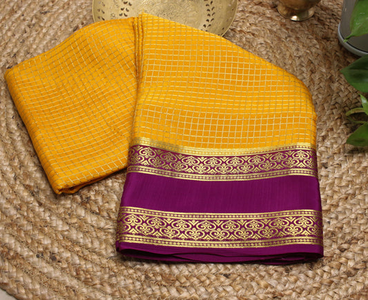 Mysore Silk Crepe Saree - Golden Yellow with Magenta Border | 140 GSM Pure Elegance