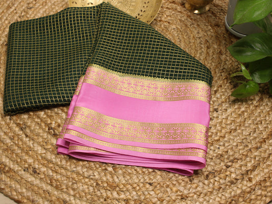 Elegant Bottle Green Mysore Silk Saree with Baby Pink Zari Border | 140 GSM Pure Silk